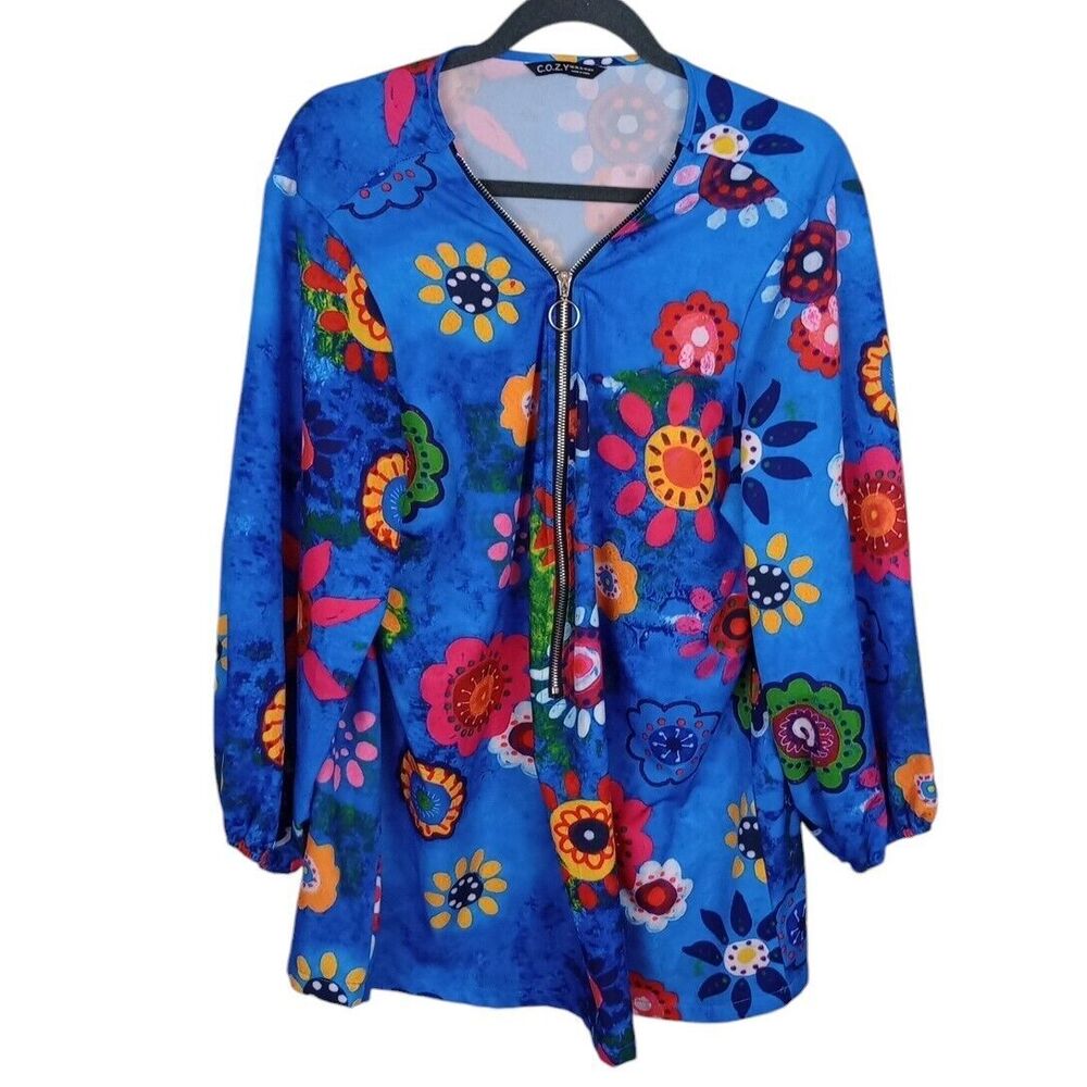 C.O.Z.Y Womens Blue Large Floral Tunic Top Zip Front Fun Multicolor Bright  3XL